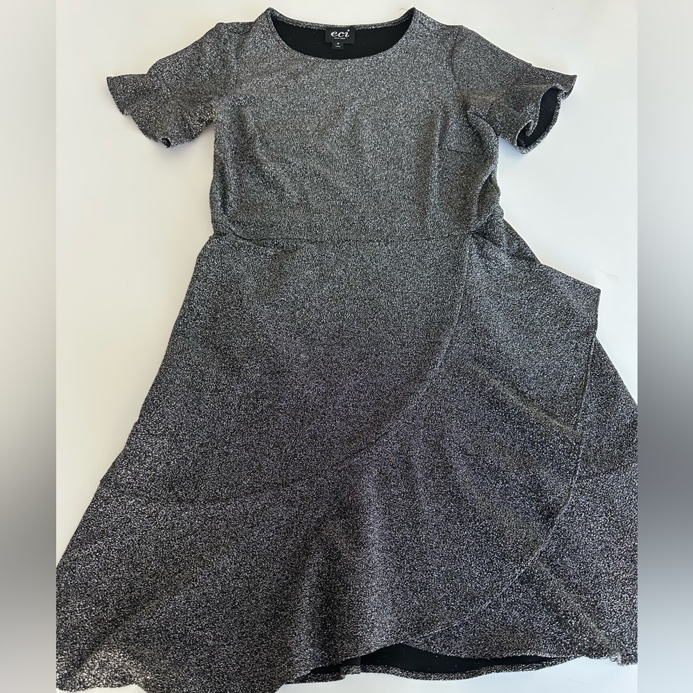 ECI Metallic Black and Silver A-Line Short Sleeve Dress
